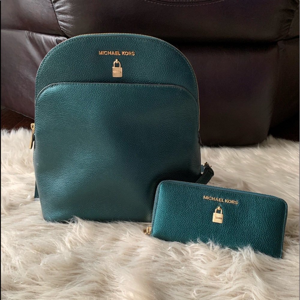 MK emerald green backpack plus matching wallet